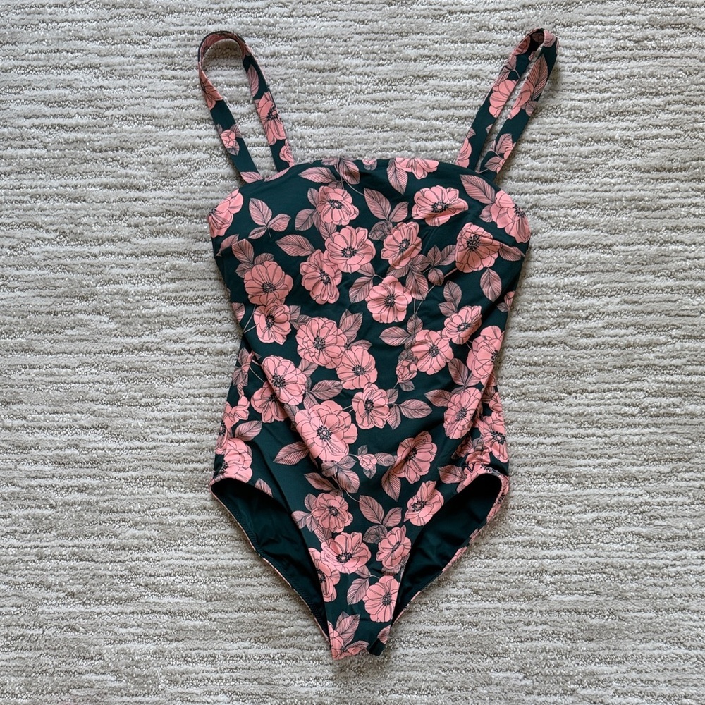 Vineyard Vines Pink Floral One-Piece Swimsuit on Dark Green